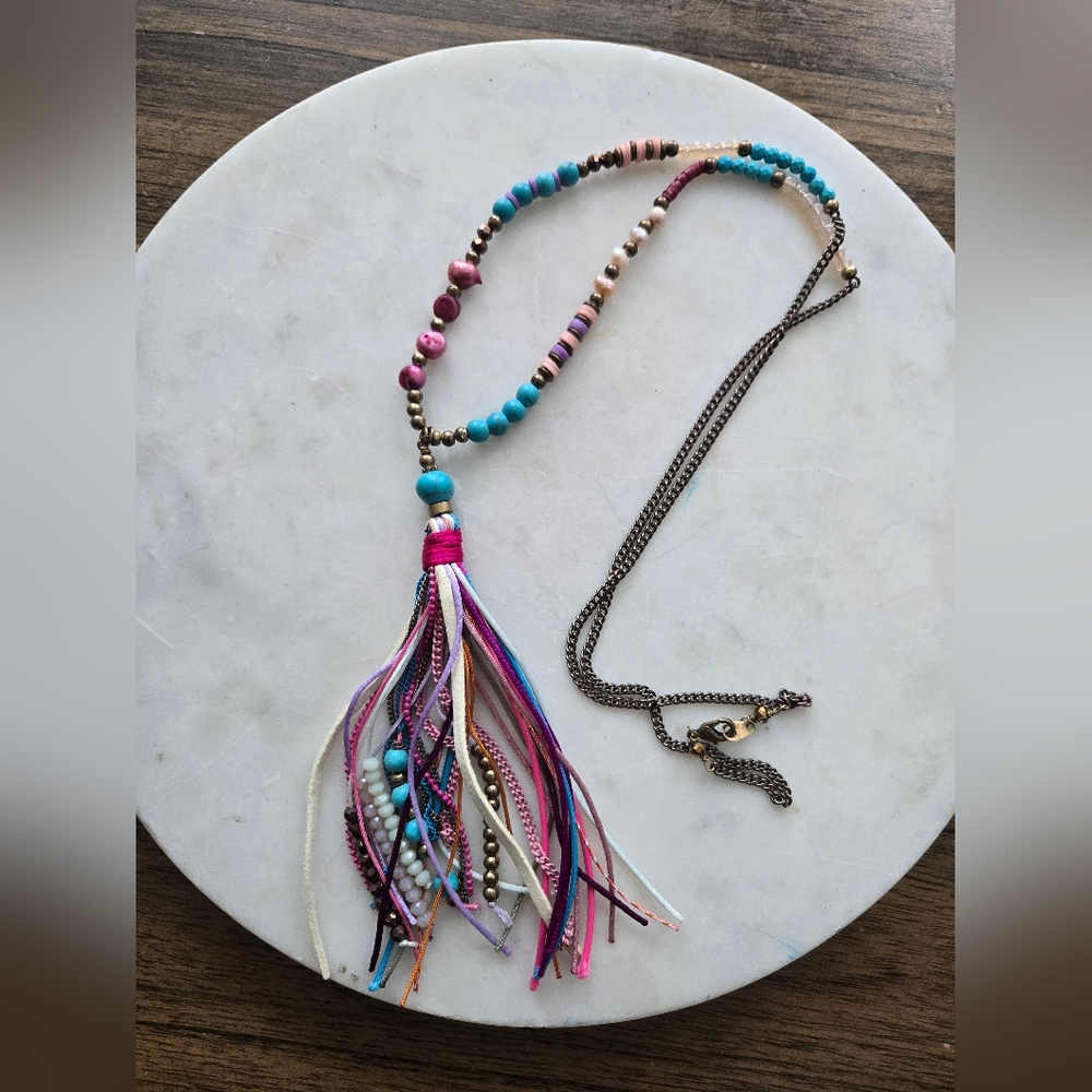 Necklace By Lizou Turquoise And Pink Tassel
